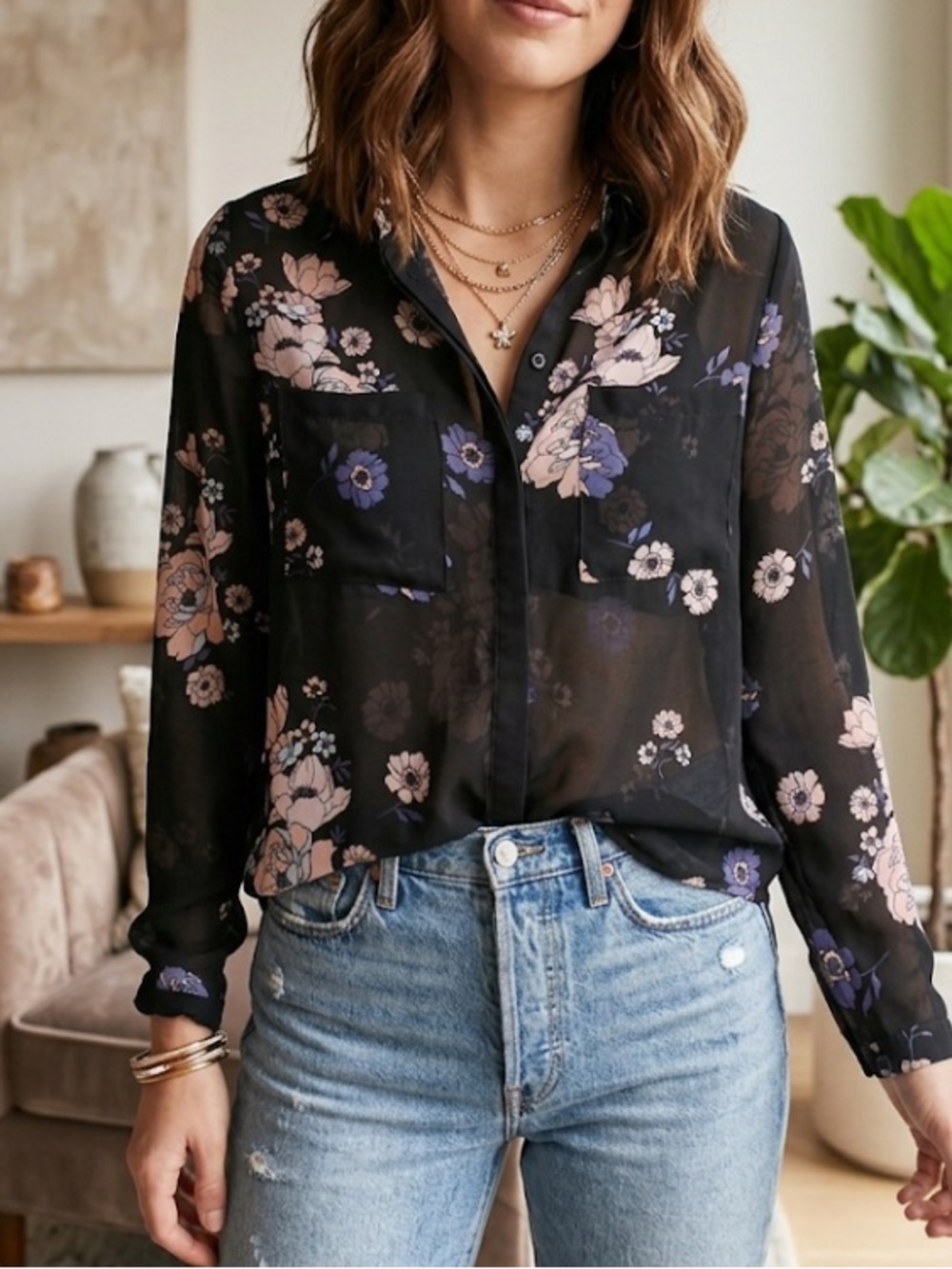 Anthropologie Black Sheer Floral Button-Down Blouse